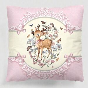 NWOT Pink & White Kawaii Deer Fawn Coquette EGL Lolita Square Throw Pillow Case